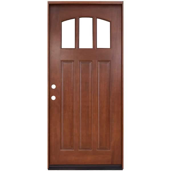 Steves & Sons 36 in. x 80 in. Craftsman 3 Lite Arch Stained Mahogany Wood Prehung Front Door
