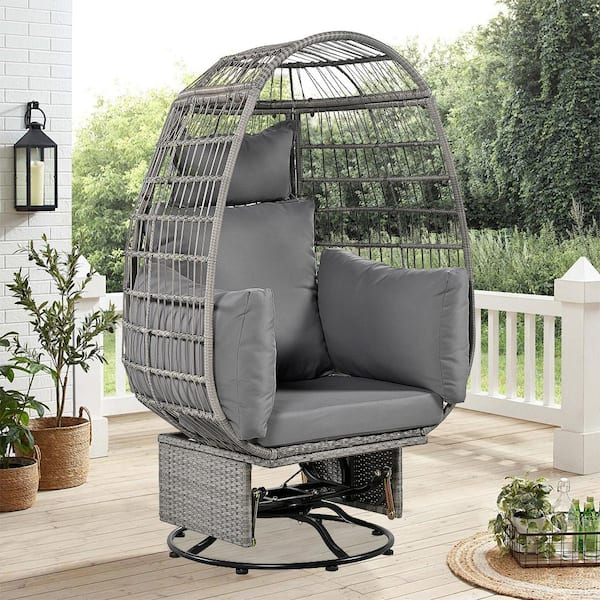 Cesicia Grey Wicker Outdoor Rocking Chair Rattan Egg Chair with Grey Cushions and Rocking Function