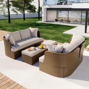 5-Piece Wicker Outdoor Patio Conversation Furniture Sofa Set with Beige Thick Cushions