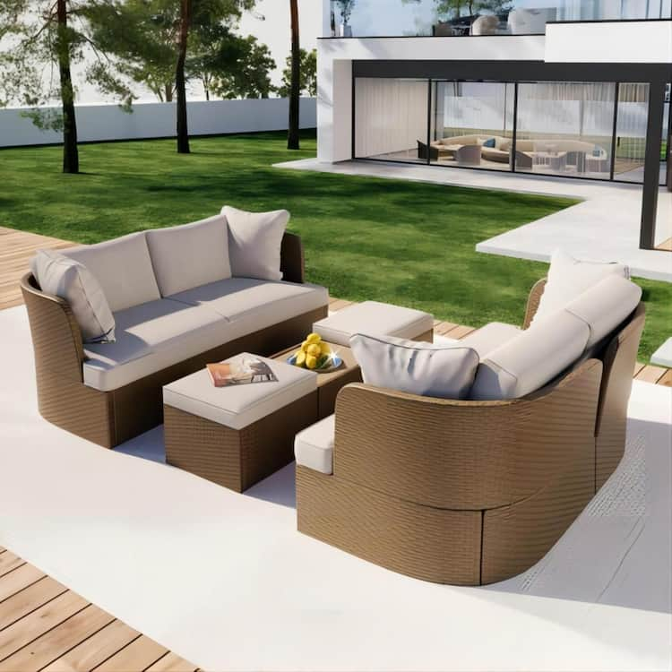 Clihome 5-Piece Wicker Outdoor Patio Conversation Furniture Sofa Set with Beige Thick Cushions