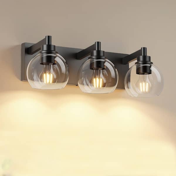 19 in. 3-Light Matte Black and Metal Vanity Light with Clear Glass Shades for Bathroom (Bulbs Not Included)