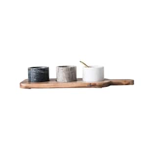 2 .5 oz. Gray Marble Pinch Pots Condiment Server with Acacia Wood Board and Spoon (Set of 5)