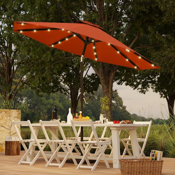 9 ft. Steel Solar Lights Market Patio Umbrella Table Umbrella for Patio and Outdoor With Tilt Button in Orange