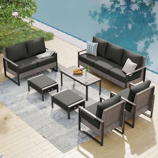 7 Pieces Patio Conversation Set Sofa Set with Coffee Table Gray PE Wicker with Black Cushion