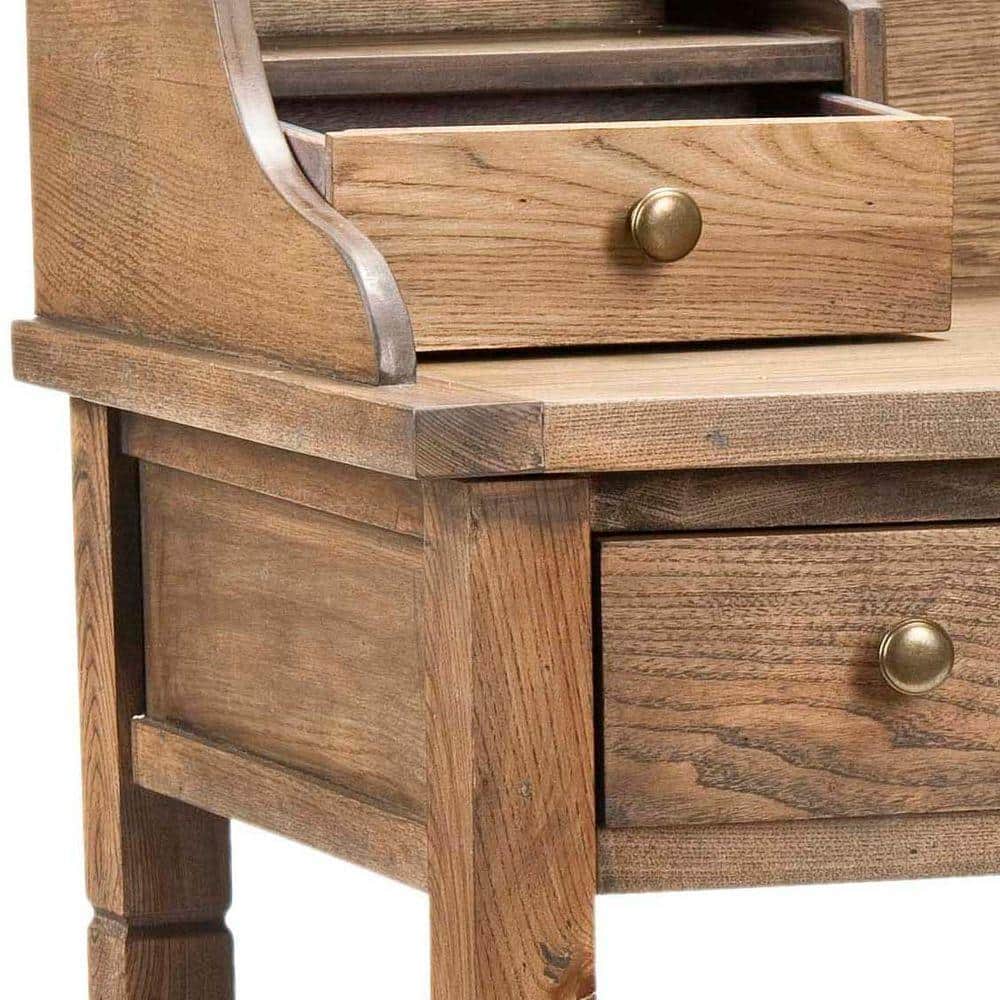 Transitional Oak 5-Drawer Writing Desk with Hutch and Cubbies
