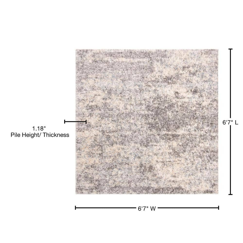 Grey and Cream Square Synthetic Shag Area Rug, 6'7" x 6'7"