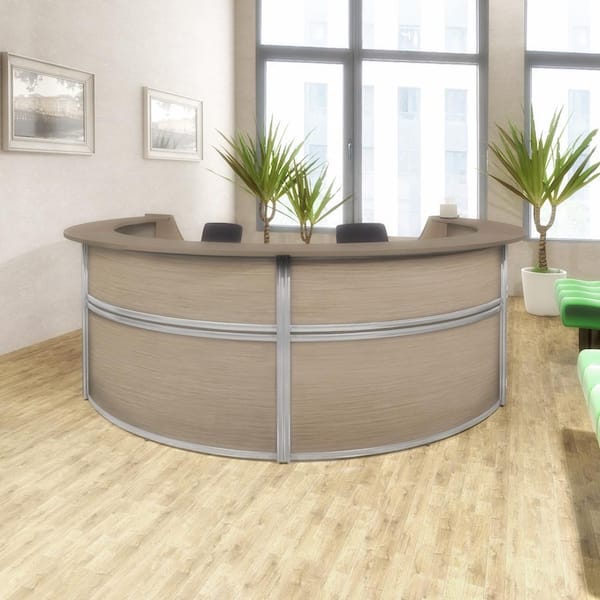 Regency 142 in. Noble Oak Marque Four-Unit Reception Curved Desk Workstation