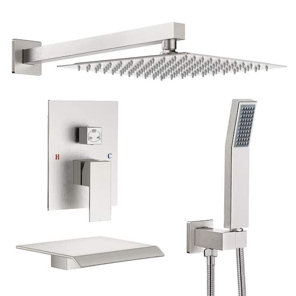 10 in. Shower Head Double Handle 3-Spray Tub and Shower Faucet Shower Combo 2.5 GPM in Brushed Nickel Valve Included