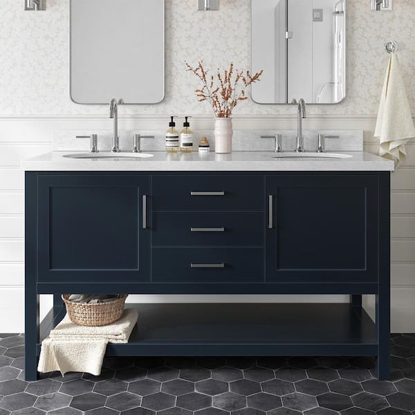 ARIEL Bayhill 60 in. Double Sink Freestanding Bathroom Vanity in Midnight Blue with Carrara White Marble Top