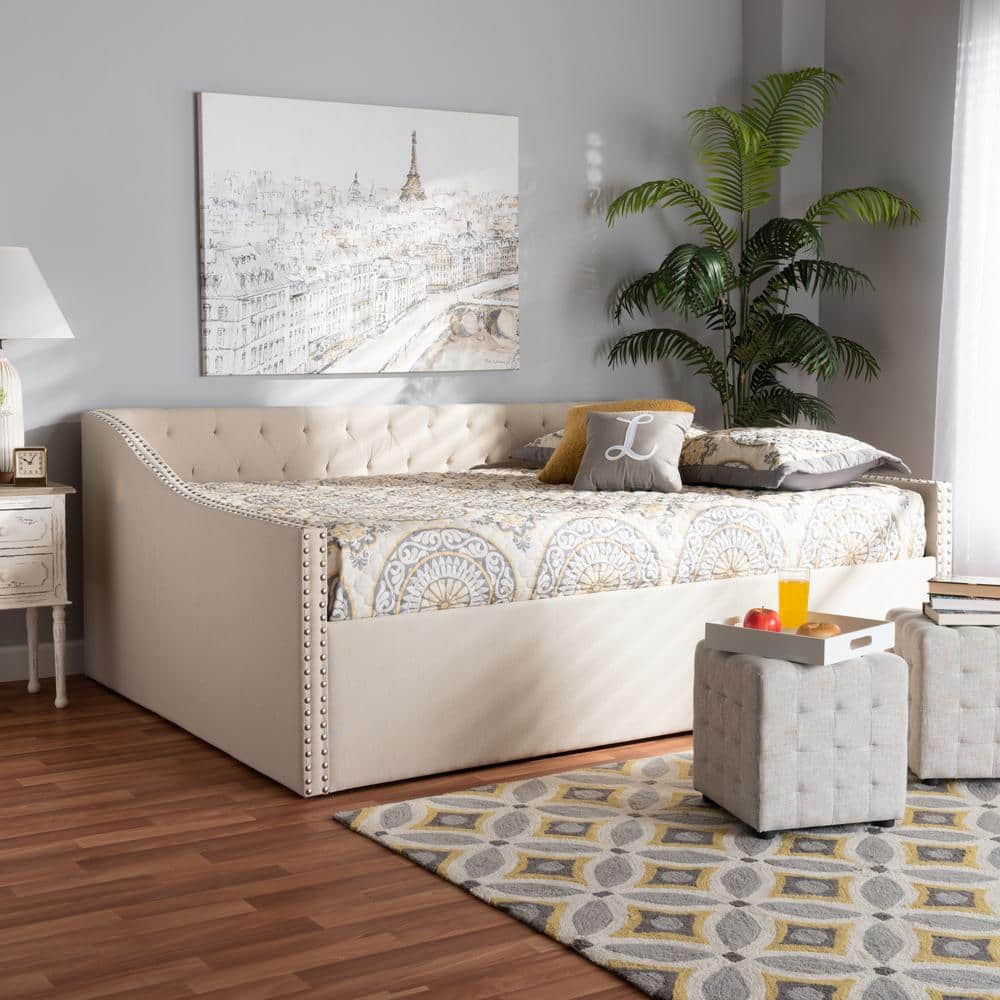 Beige Queen Wood Frame Upholstered Daybed with Nailhead Trim