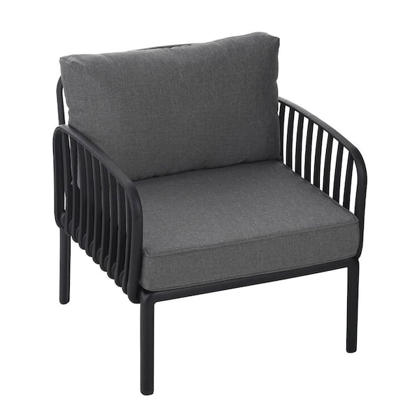 Patio Black Plastic Outdoor Club Lounge Chair with Gray Waterproof Thick Cushion for Porch, Balcony