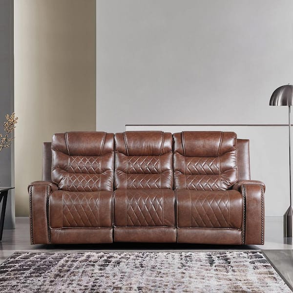 Lazzara Bergen 86.5 in. W Straight Arm Faux Leather Rectangle Manual Reclining Sofa with Center Drop-Down Cup Holders in Brown
