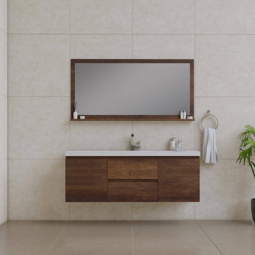 60" Rosewood MDF Floating Vanity with White Solid Surface Sink