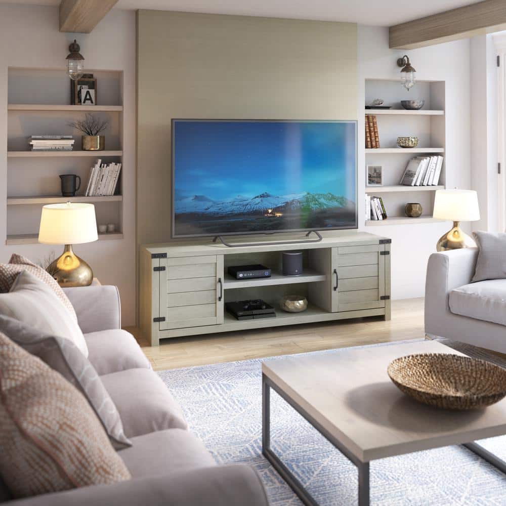 Gray Oak 70" TV Stand with Cabinets and Adjustable Shelves