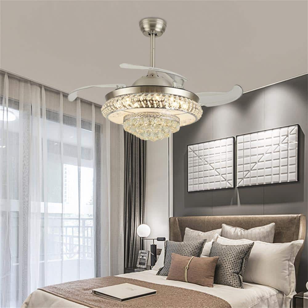 42" Silver Modern LED Crystal Chandelier Ceiling Fan with Remote