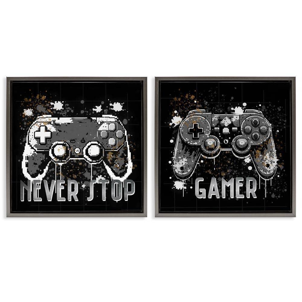 Never Stop Modern Gamer by Kim Allen 2-Pieces Gray Floater Frame Typography Graphic Art Print 18 in. x 18 in.