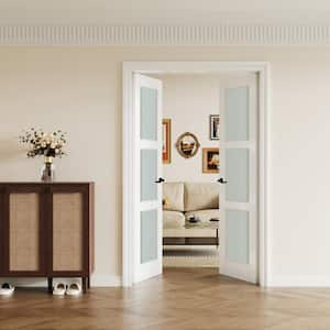 48 in. x 80 in. Universal Handed 3-Lite Frosted Glass White Solid Core MDF Double Prehung French Door with Assemble Jamb