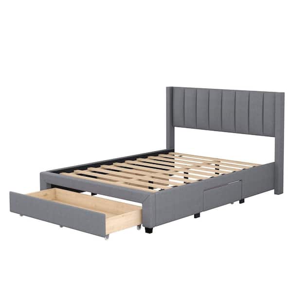 ANBAZAR Gray Wood Frame Full Size Platform Bed With 3-Drawers, Upholstered Wood Platform Bed, Linen Upholstery Platform Bed