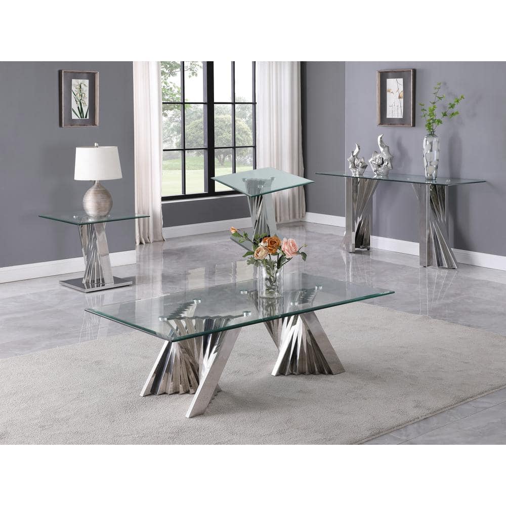 Silver Stainless Steel and Clear Glass 4-Piece Living Room Table Set