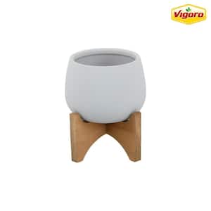 4.8 in. Bishop Small Gray Soft-Touch Ceramic Pot (4.8 in. D x 3.8 in. H) with Wood Stand