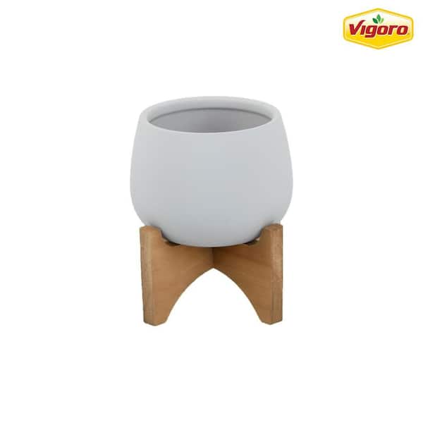 Vigoro 4.8 in. Bishop Small Gray Soft-Touch Ceramic Pot (4.8 in. D x 3.8 in. H) with Wood Stand