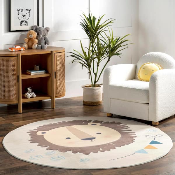 Ellia Cheerful Multicolor 4 ft. Lion Machine Washable Kids Round Area Rug