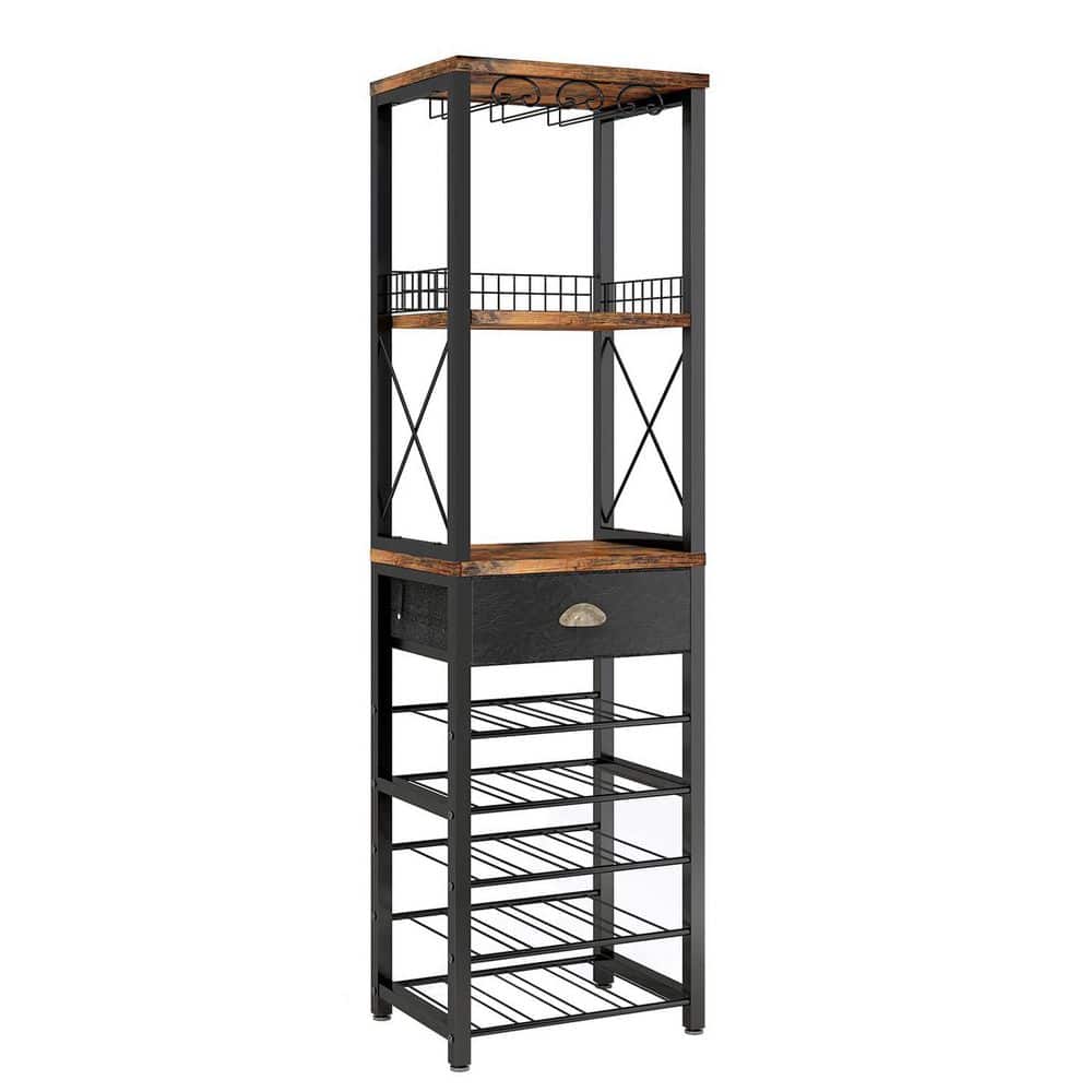 Brown Freestanding Floor Wine Glass Rack with Tabletop Storage Drawer Glass Holder 4-Tier Home Organizer