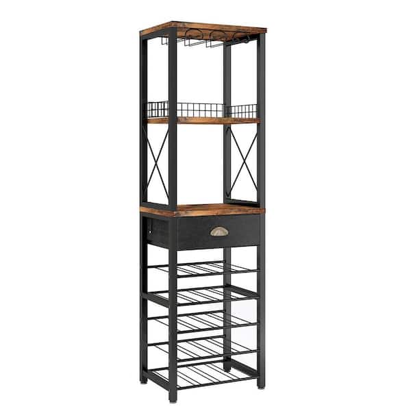 Brown Freestanding Floor Wine Glass Rack with Tabletop Storage Drawer Glass Holder 4-Tier Home Organizer