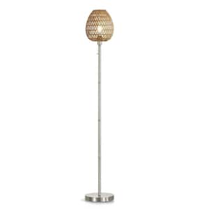 Kuta 68 in. Brushed Nickel Metal Standard Floor Lamp with Rattan Shade
