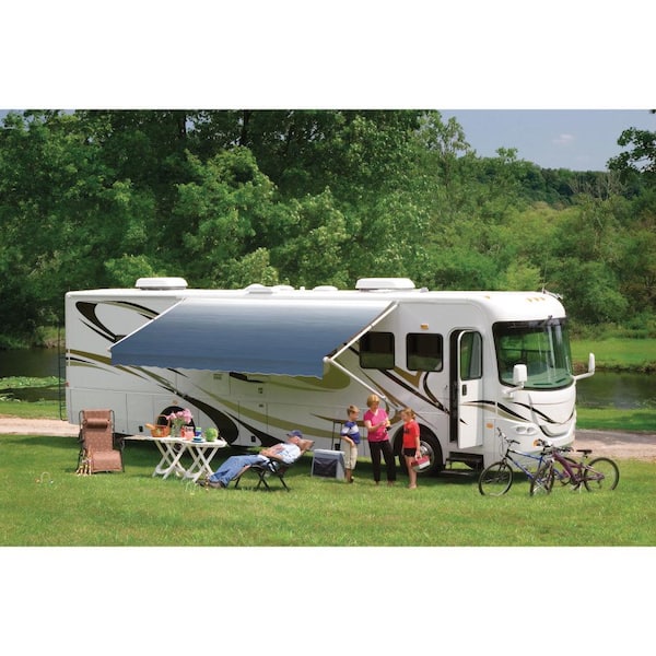 DOMETIC 8500 Manual Patio Awning with Polar White Weathershield - 17 ft., Azure Linen Fade