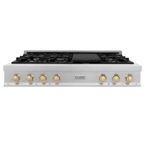 Autograph Edition 48 in. 7 Burner Front Control Gas Cooktop with Gold Knobs in Fingerprint Resistant Stainless Steel