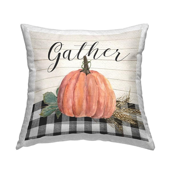 Stupell Industries Gather Typography Seasonal Tartan Wheat Botanicals Beige Square Outdoor Throw Pillow