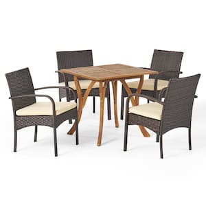Hartford 30 in. Multi-Brown 5-Piece Metal Square Outdoor Dining Set with Cream Cushions