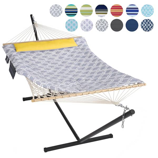 Atesun 10 ft. x 12 ft. Quilted Rope Hammock and 12 ft. Steel Stand with Detachable Pillow, Gray Drops
