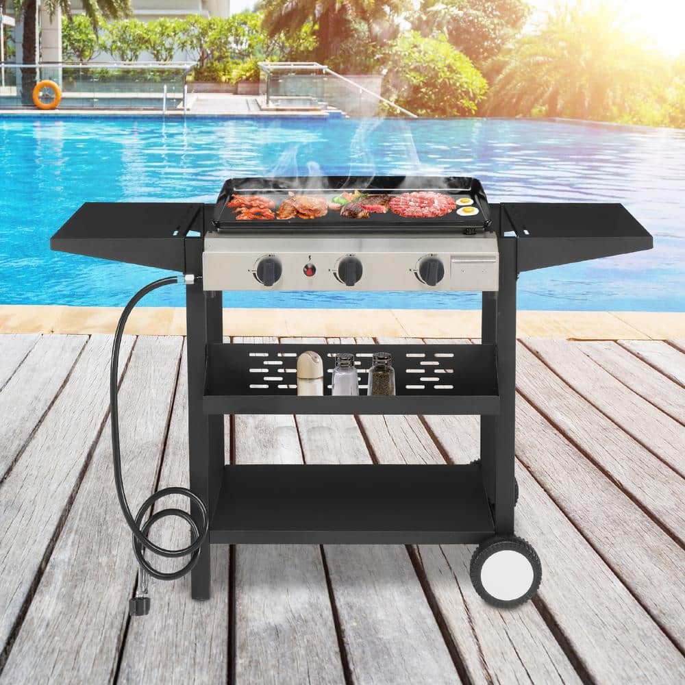 Black 3-Burner Propane Gas Griddle Cooking Station with Folding Shelves