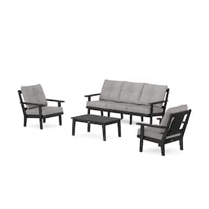 Prairie 4-Pcs Plastic Patio Conversation Set with Sofa in Black/Grey Mist Cushions