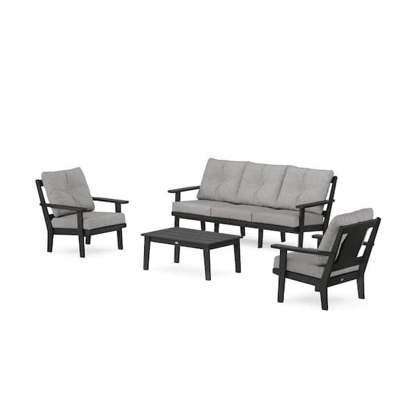 POLYWOOD Prairie 4-Pcs Plastic Patio Conversation Set with Sofa in Black/Grey Mist Cushions