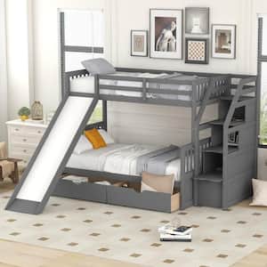 Gray Twin Over Full Bunk Bed with Slide for Kids and Teenagers, Solid Wood Bunk Bed Frame with Drawers and Storage