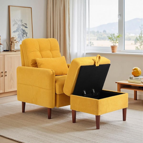 Orange Corduroy Fabric Upholstered Accent Arm Chair with Storage Ottoman and Adjustable Backrest (Set-1)