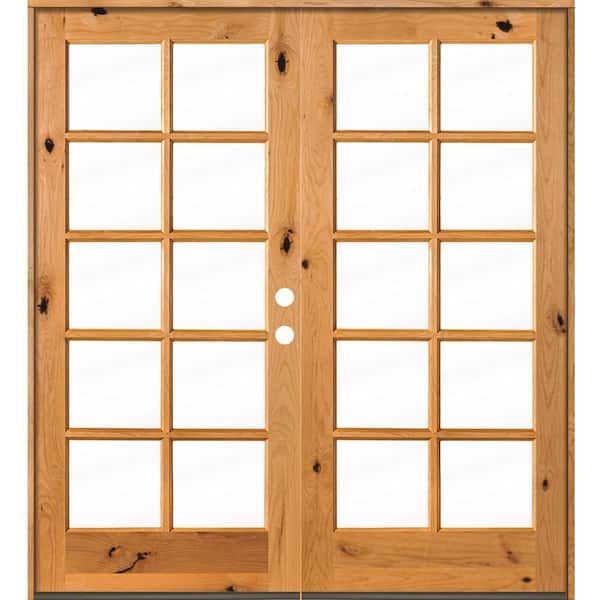 72 in. x 80 in. French Knotty Alder 10-Lite Clear Glass clear stain Wood Left Active Inswing Double Prehung Front Door