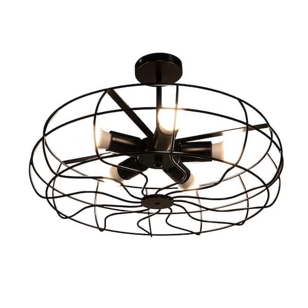 OUKANING 18 in. 5-Light Black Industrial Semi-Flush Mount Metal Cage Ceiling Light