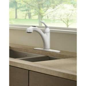 Banbury Single Handle Deck Mount Pull Out Sprayer Kitchen Faucet with Power Clean Deckplate Included in Matte White