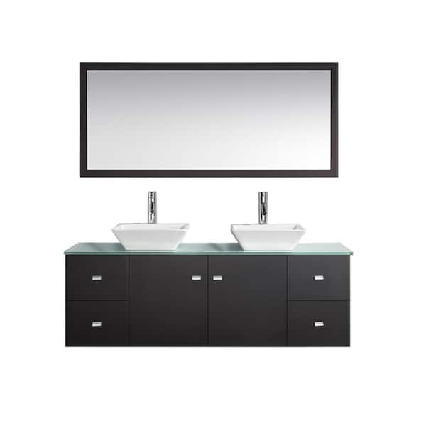 Virtu USA Clarissa 60 in. W Bath Vanity in Espresso with Glass Vanity Top in Aqua with Square Basin and Mirror