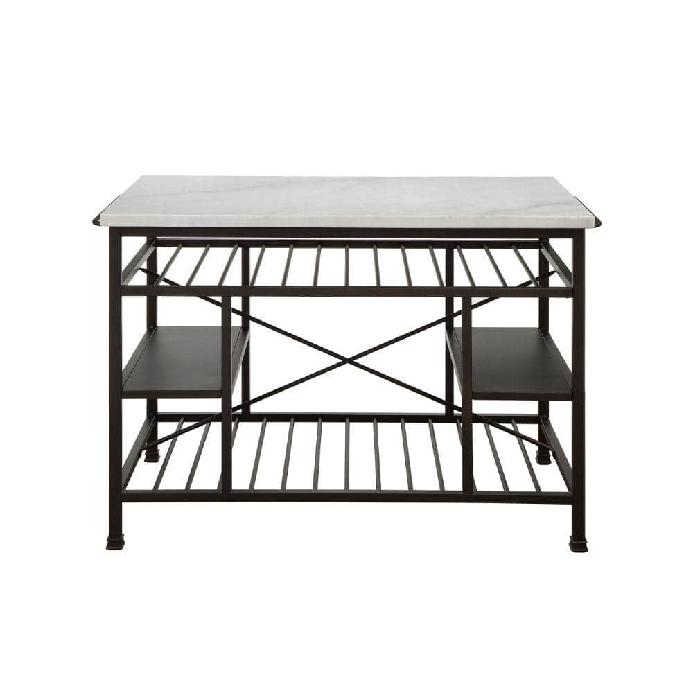 White Marble Top Brown Metal Kitchen Island with Shelves