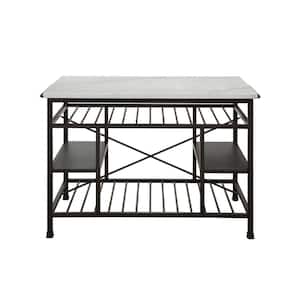 36 in. H Brown and White Marble Top Metal Kitchen Island with 2-Slated Shelves