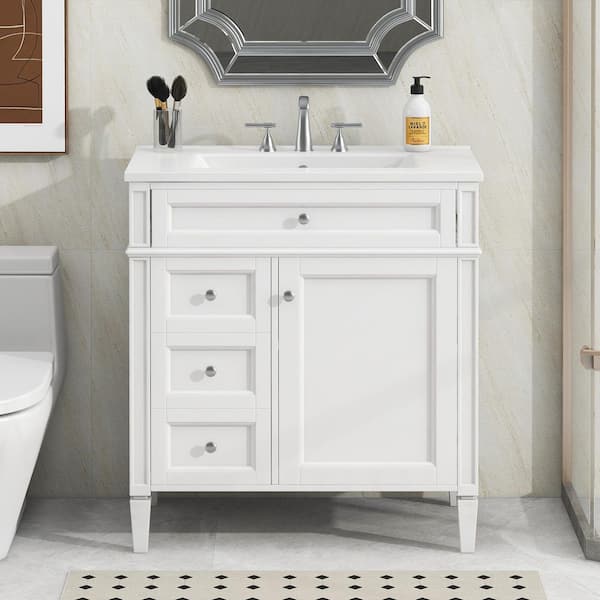 30 in. Single Sink Freestanding White Bath Vanity with White Ceramic Top, Adjustable Shelf, Tip-out Drawer, 2 Drawers