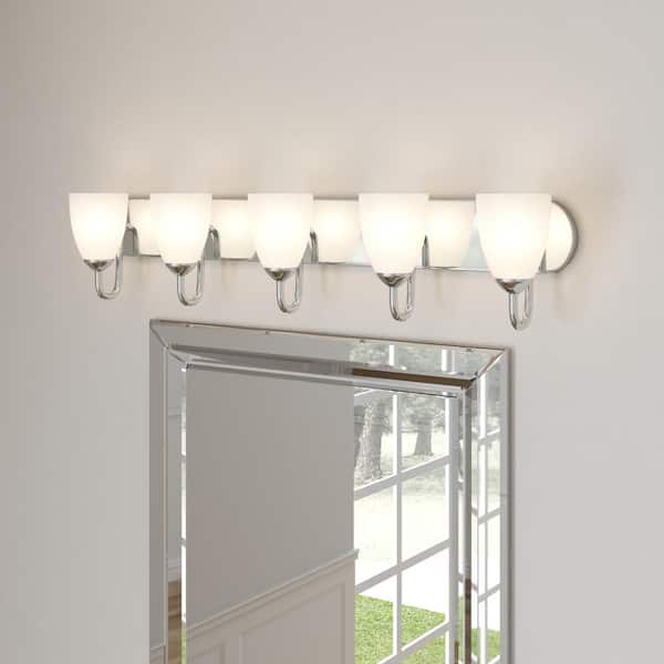 Progress Lighting Gather Collection 36 in. 5-Light Polished Chrome Etched Glass Traditional Bathroom Vanity Light