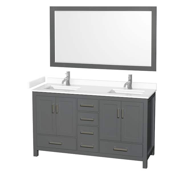 Wyndham Collection Sheffield 60 in. W x 22 in. D x 35 in. H Double Bath Vanity in Dark Gray with White Cultured Marble Top and 58" Mirror