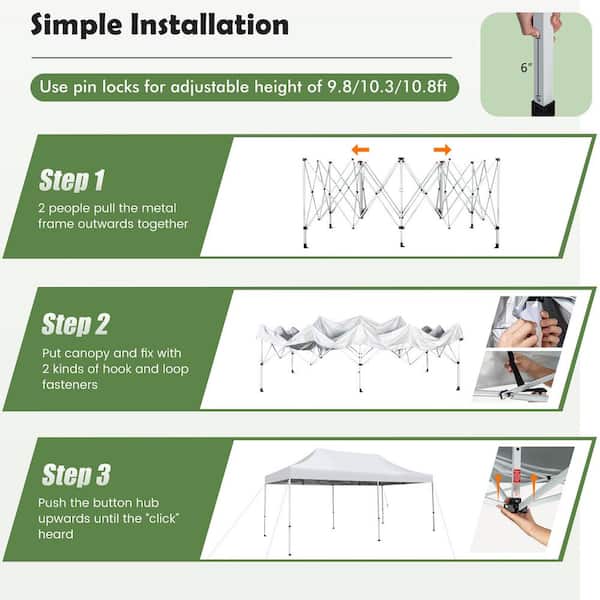 Gymax 10 ft. x 20 ft. White Pop-Up Canopy Tent UPF 50 Plus