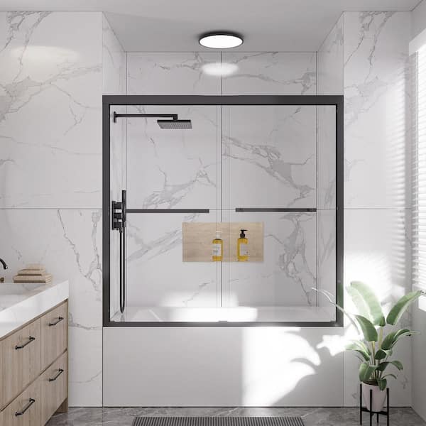 56 - 60 in. W x 58 in. H Double Sliding Framed Tub Door in Matte Black with 1/4 in. Clear Tempered Glass